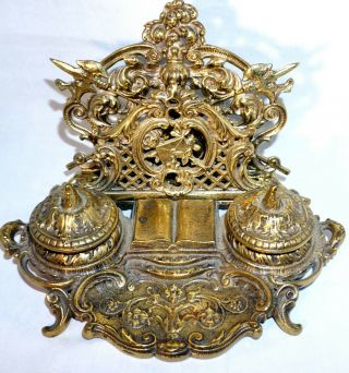Vtg Ornate Victorian Style Bronze/brass Double Ink Well W/letter Holder