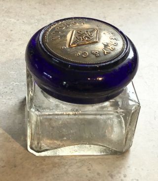 Antique Glass Cobalt & Brass Lid Clear Base Victorian Inkwell Perry & Co London