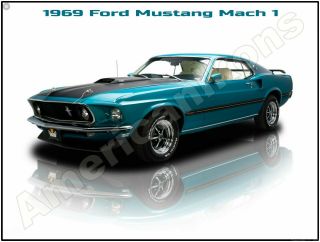 1969 Ford Mustang Mach I In Blue Metal Sign: Large Size
