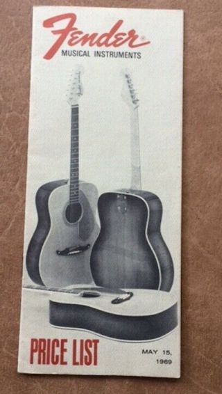 Vintage 1969 Fender Guitar Retail Price List Strat $349.  Case Candy