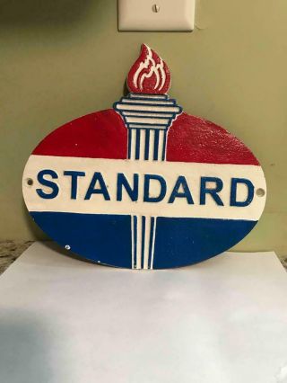 Vintage Style Cast Iron Standard Oil Sign With Torch Gas Station Garage Man Cav