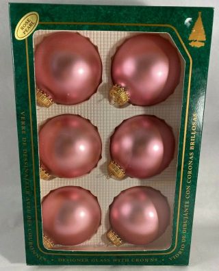 6 Krebs Glass Christmas Tree Ornaments Rose Pearl With Gold Crowns