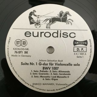 B551 Enrico Mainardi Bach Suites for Cello No.  1 - 6 4LP Eurodisc 76 069 XK Stereo 3