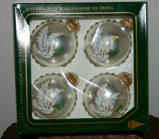 Vtg Victorian Style Handcrafted Glass Ornament Set 4 White Round Painted Doves