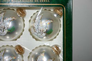 VTG Victorian Style Handcrafted Glass Ornament Set 4 White Round Painted Doves 2