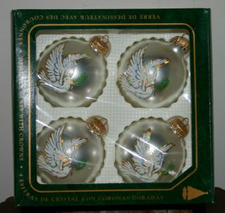 VTG Victorian Style Handcrafted Glass Ornament Set 4 White Round Painted Doves 3