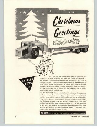 1953 Paper Ad Nylint Toy Trucks Merry Christmas Greetings Tournahauler Wwii Info