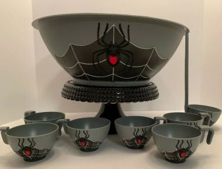 Halloween Spider Punch Bowl Set 6 Cups & Ladle Plastic Gray & Black,  Red Stone 3
