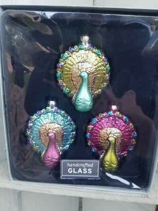 Hand Crafted Glass Peacock Ornaments Set Of 3 Green Blue Pink Boxed 2012 Nib