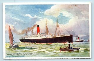 Cunard Line Rms Ivernia & Saxonia - Vintage Ocean Liner Cruise Ship Postcard