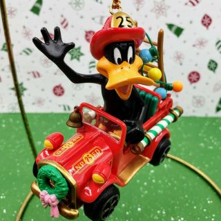 Looney Tunes Collectible Ornament Daffy Duck In Fire Truck 3 " X 3 " 1997 K - Mart