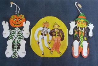 Vintage Beistle Halloween Die Cut Honeycomb Scarecrow & Jol Skeleton Decoration
