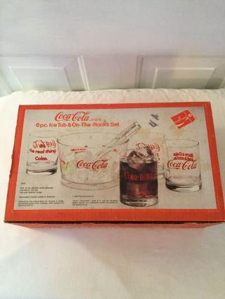 Vintage 1970’s Coca Cola 6pc Ice Tub & On The Rocks Glass Set