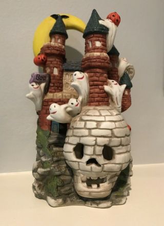 Vintage 8 " Halloween Lighted House With Mummy Skull,  Ghost And Pumpkins