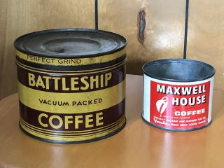 Battleship Coffee And Maxwell Coffee Tins