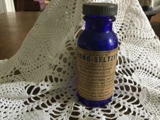 Vintage Cobalt Blue Bottle,  Label Bromo - Selzer,  Tin Cap
