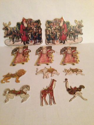 11 Vintage Die Cut Cardboard Santa Reindeer Animal Christmas Tree Ornaments 80 