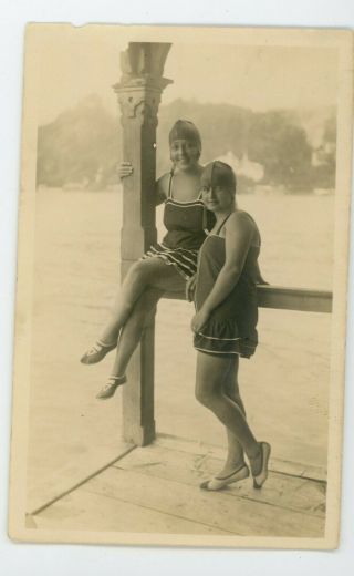Vintage Antique Rppc Photo Postcard 2 Woman In Early Bathing Swim Suits