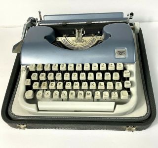 Vintage Amc Portable Typewriter Blue W Carrying Case Made France 1950s