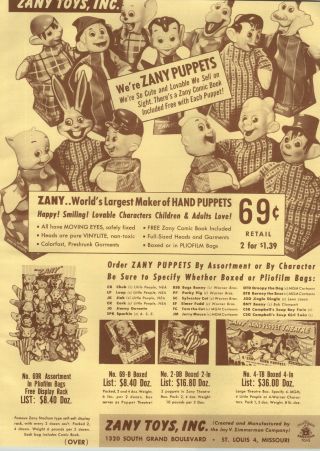 1954 Paper Ad Zany Toys Puppets Elmer Fudd Campbell Kids Mgm Cartoons Tom Jerry