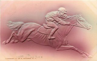 C1907 Embossed Airbrush Postcard; Jockey On Horse Racing,  Reddish,  P.  Sanders