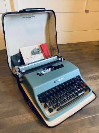 1960s Vintage Blue Green Olivetti Lettera 32 Portable Typewriter W/case