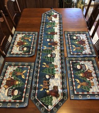 Wintery Christmas Moose Bear Snowman Tree Snowflakes 4 Placements & Table Runner