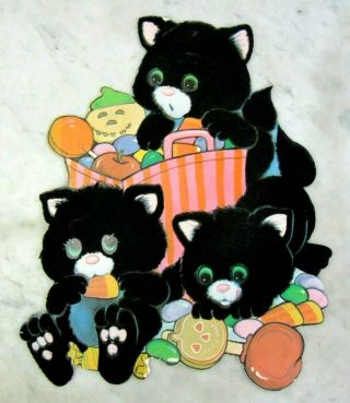 Vintage Halloween Die Cut 2 Sided Fuzzy Black Cat Trick Or Treat Candy