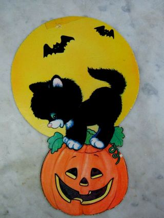 Vintage Halloween Die Cut 2 Sided Fuzzy Black Cat Pumpkin Moon