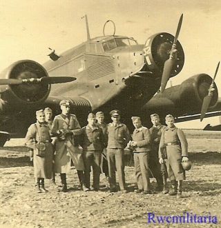 Best Wehrmacht & Luftwaffe Troops Posed W/ Ju - 52 Transport Plane On Airfield