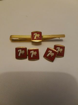 Unique Vintage 7up Tie Bar And Cuff Links,  The Cuff Links Say 1/10 10k Gf