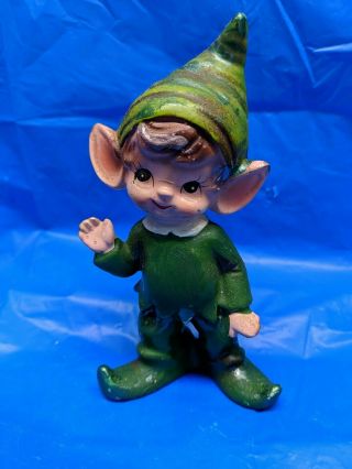 Adorable Vintage Christmas Green Pixie Elf Ceramic Figurine Sweetie