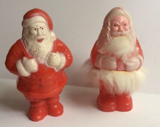 2 Vintage Hard Plastic Christmas Santas Irwin Candy Container Rabbit Fur Rattle