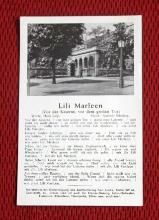 Vintage " Lili Marleen " Wwii Era German Love Song W/ Sentry Postcard