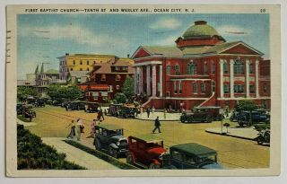 1936 Nj Postcard Ocean City First Baptist Church 10th & Wesly Vintage Autos Cars
