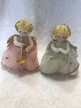2 Cute Vintage 1959 Max Eckardt Angel Christmas Ornaments / Marked Made In Japan