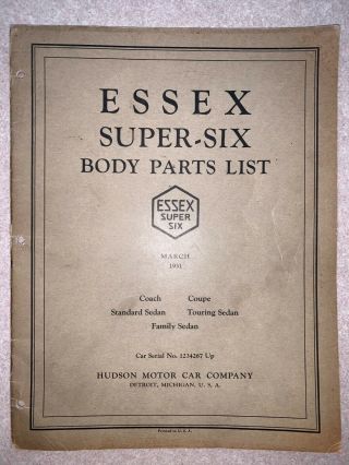 Vintage Essex - Six Body Parts List Hudson Motor Company March 1931 Detroit
