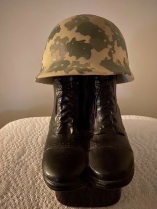 Vintage 1975 Jim Beam Army Camo Helmet And Combat Boots Whiskey Decanter.  Empty.