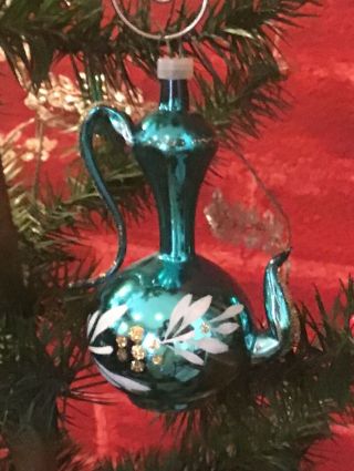 Vintage 4” Glass Teapot/urn Christmas Ornament W/annealed Handle.  Hand Dec