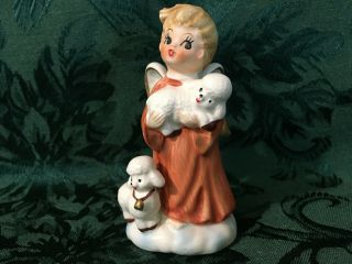 Vintage Lefton Christmas Ceramic Angel Girl Figurine Holding Lambs - Very Cute