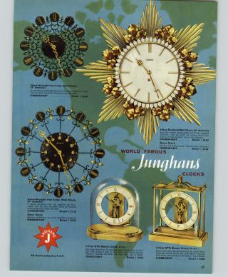 1957 Paper Ad 2 Sided Junghans Ato Mantel Clock Wall Sunburst Musical Alarm