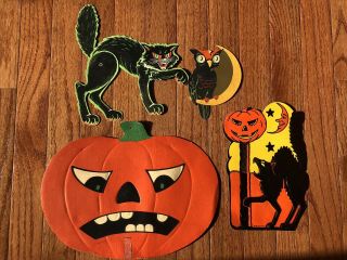 Set Of 4 Vintage Halloween Cardboard Cut Outs Black Cat Pumpkin Owl Usa