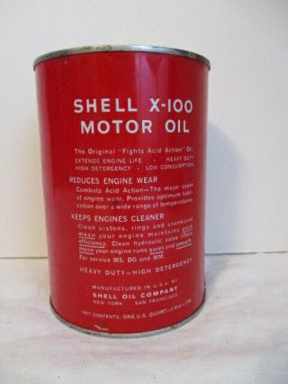 NOS Vtg Shell X - 100 Metal Motor Oil Can - SAE 20 - 20W Full - One Quart 2