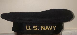 Vintage Ww2 Us Navy Blue Wool Uniform Flat Cap Donald Duck Hat
