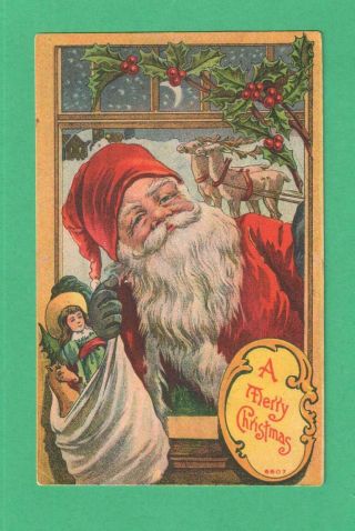 Vintage Christmas Postcard Santa Claus Sack Toys Reindeer Snow Holly Window