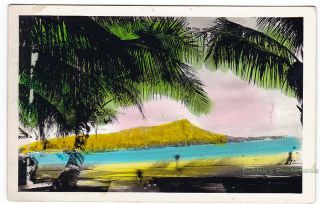 Diamond Head Waikiki Beach Honolulu Hawaii - C1940 Photo Postcard Hand - Colored