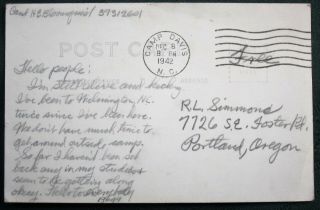 Chow Hound 1942 WW II Soldier ' s Mail postcard from Camp Davis North Carolina 2