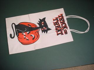 Large Vintage Old Paper Halloween Trick Or Treat Bag Pumpkin & Cat