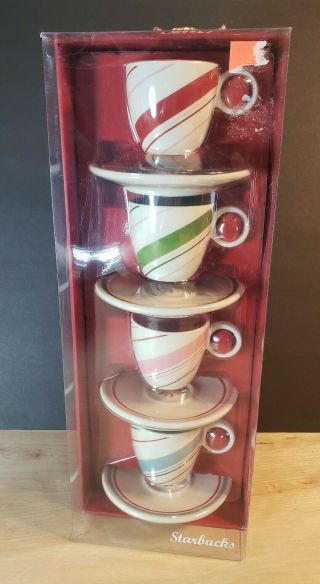 Starbucks Holiday 2007 Demitasse Espresso Mug Cup Set Of 4 Christmas Peppermint