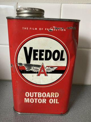 Vintage Veedol Outboard Motor Oil Tin Can.  Tidewater,  Flying A 1/4 Full